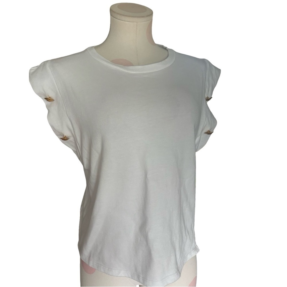 Zara Sleeveless Knit Blouse with Gold Accent Buttons - White- Medium